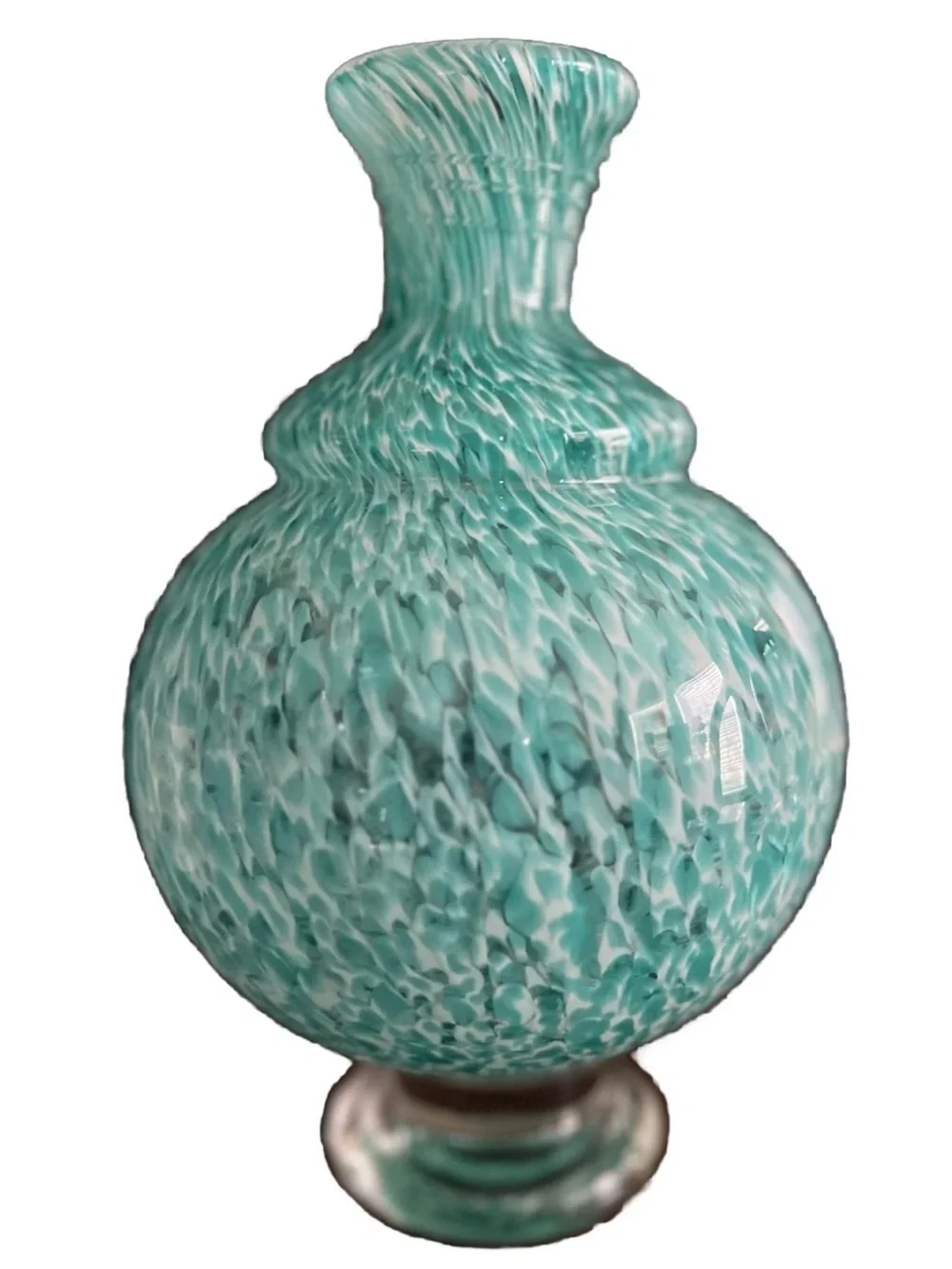 Vintage Pier 1 Art Glass Vase - Turquoise & White Swirl Confetti Spatter 10”